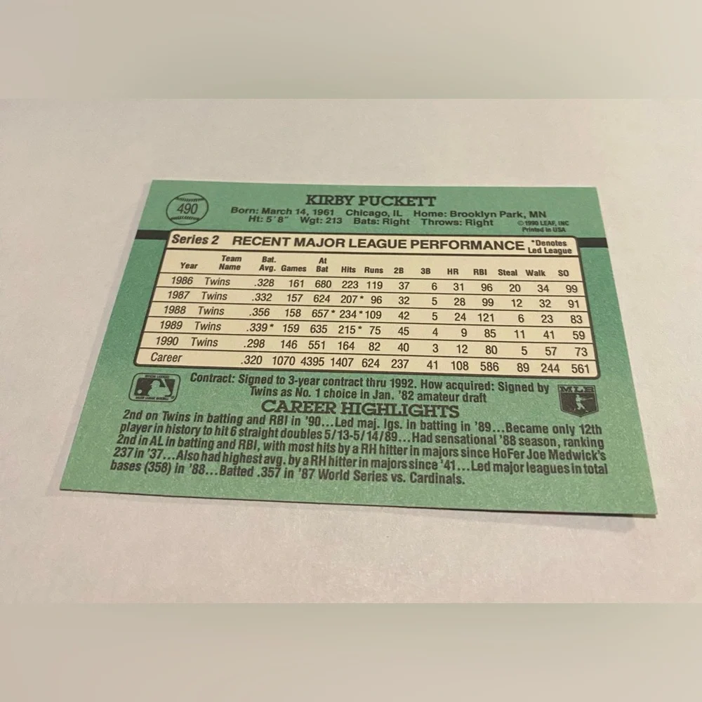 Kirby Puckett Rare Error! 1990 Donruss Baseball Card no dot after inc. Wrong DOB